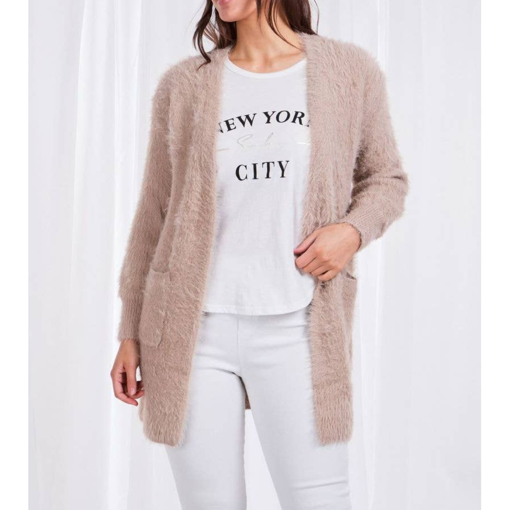 CAROLINE MORGAN Fluffy Camel Eyelash Knit Cardigan Sweater 10